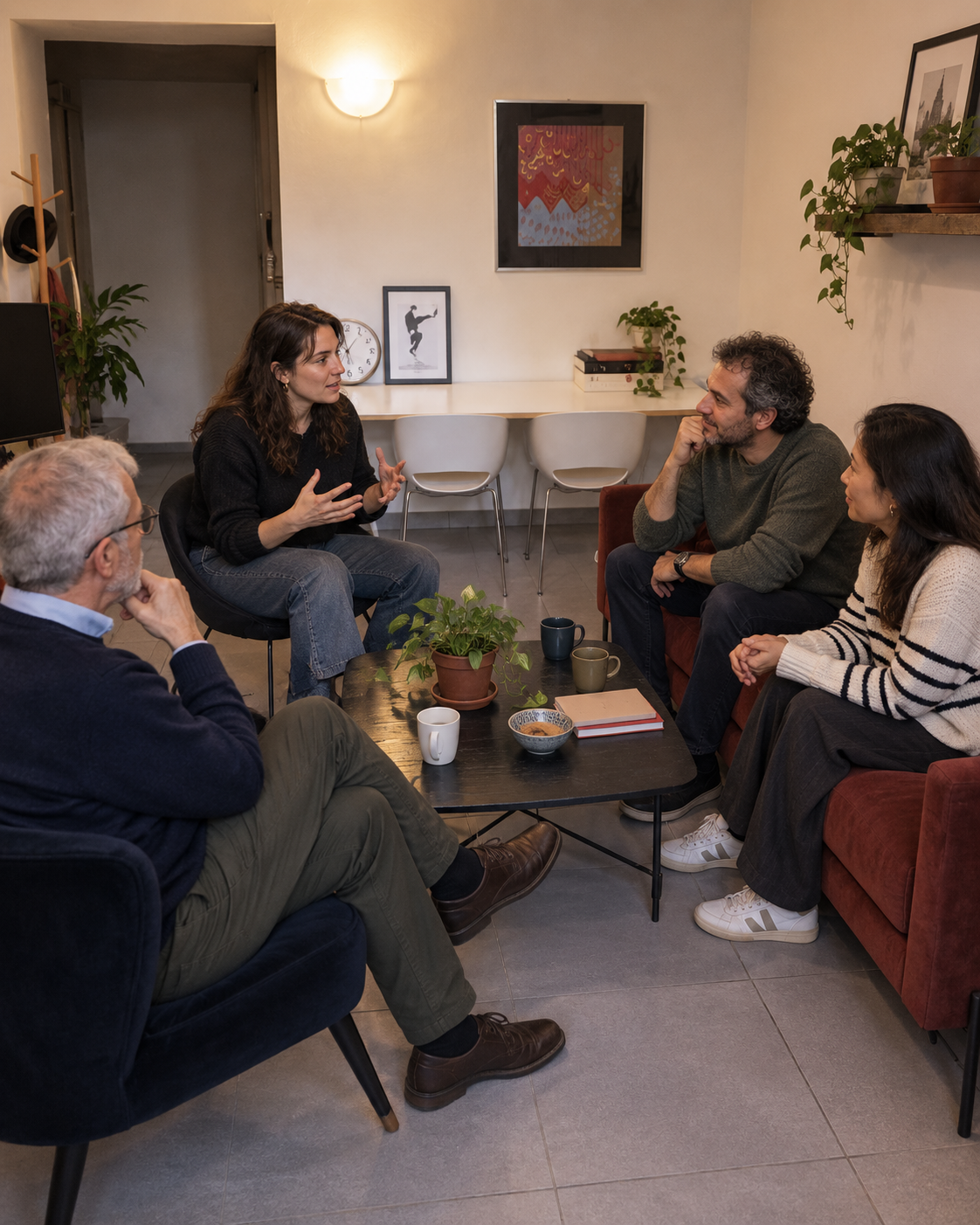Quattro adulti conversano in inglese nello spazio JustTalk