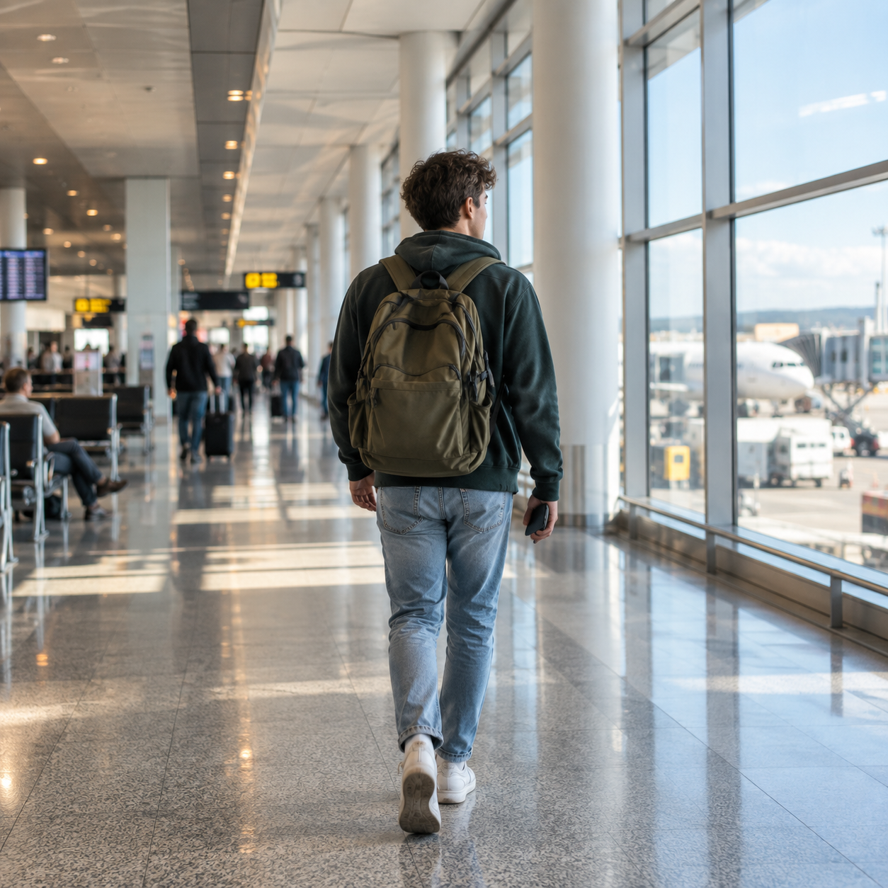 Studente in partenza in aeroporto